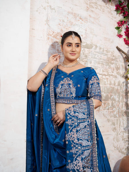 Teal Blue HO Silk Embroidered Elegant Lehenga Choli