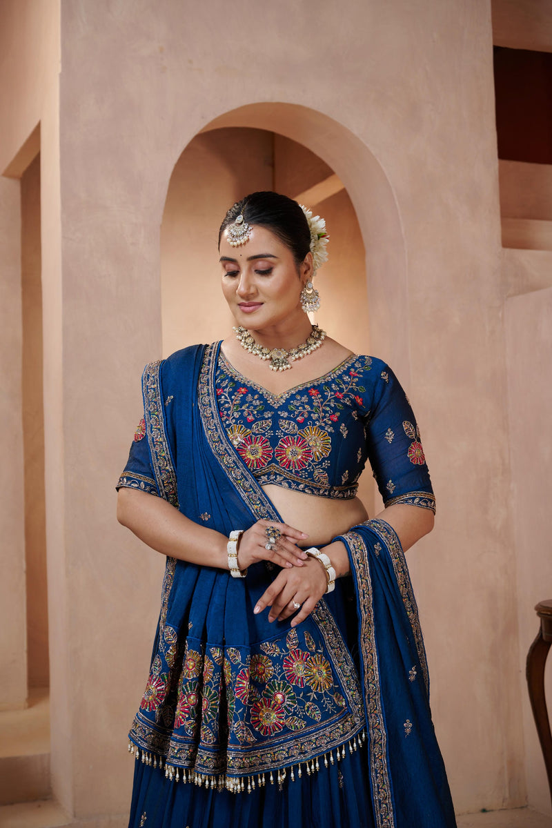 Teal Blue Occasion Wear Embroidered Lehenga Set
