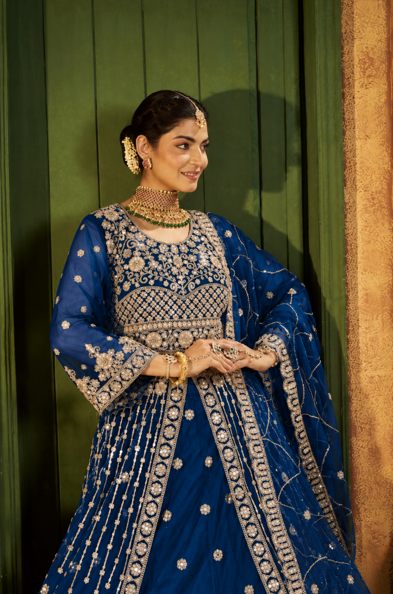 Green Festive Satin Embroidered Lehenga Set