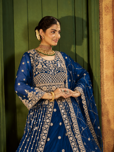 Blue Party Wear Embroidered Satin Lehenga Choli
