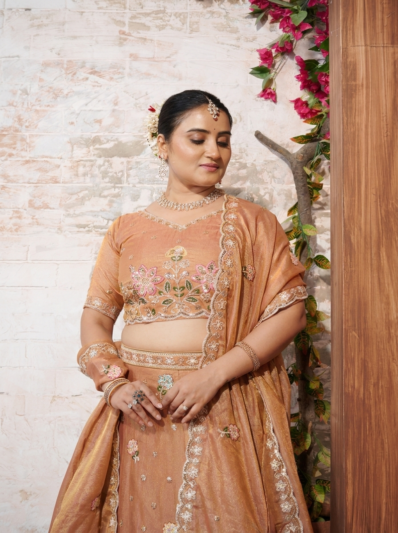 Golden Moss Silk Traditional Embroidered Lehenga