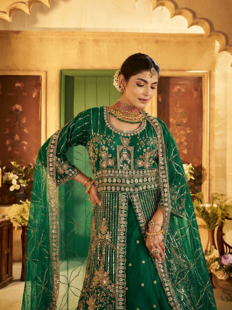 Firozi Contemporary Ethnic Embroidered Satin Lehenga