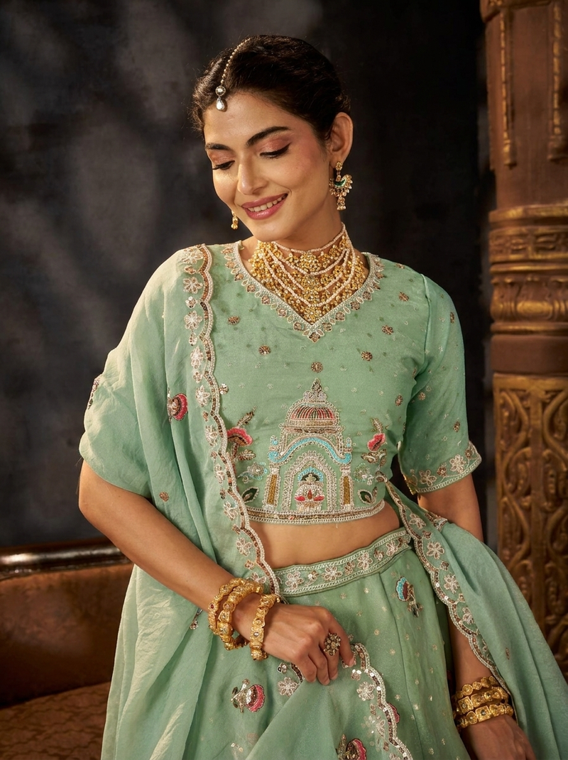 Peach Festive Moss Butti Embroidered Lehenga Choli