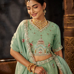 Peach Festive Moss Butti Embroidered Lehenga Choli