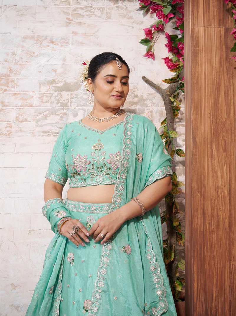 Mint Green Moss Silk Festive Lehenga Choli