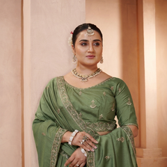 Olive Green Vichitra Ethnic Embroidered Lehenga Set