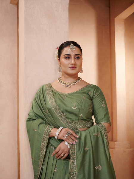 Olive Green Vichitra Ethnic Embroidered Lehenga Set