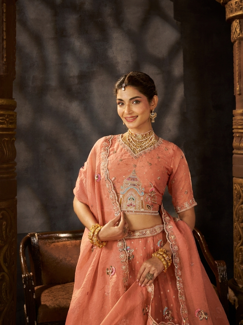 Peach Festive Moss Butti Embroidered Lehenga Choli