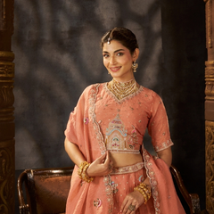 Peach Festive Moss Butti Embroidered Lehenga Choli