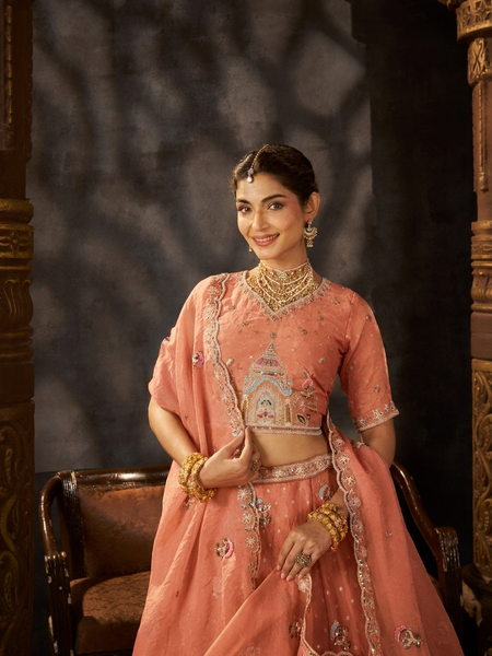 Peach Festive Moss Butti Embroidered Lehenga Choli