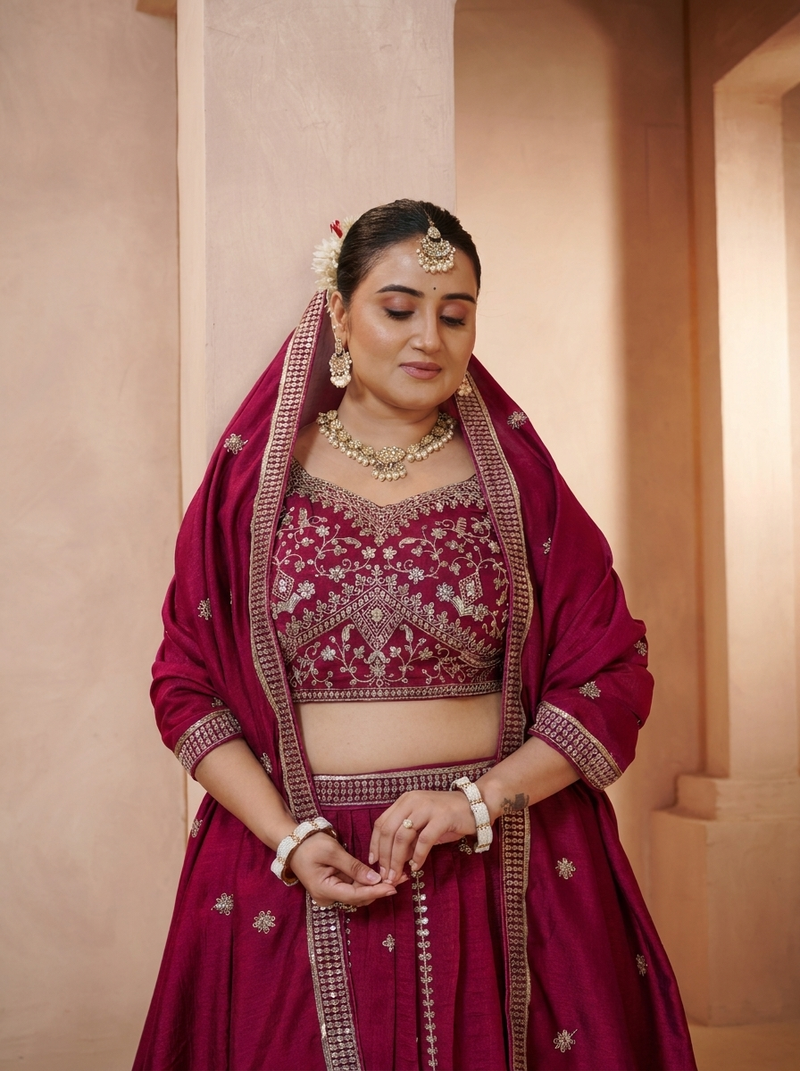 Rani Pink Wedding Wear Vichitra Lehenga