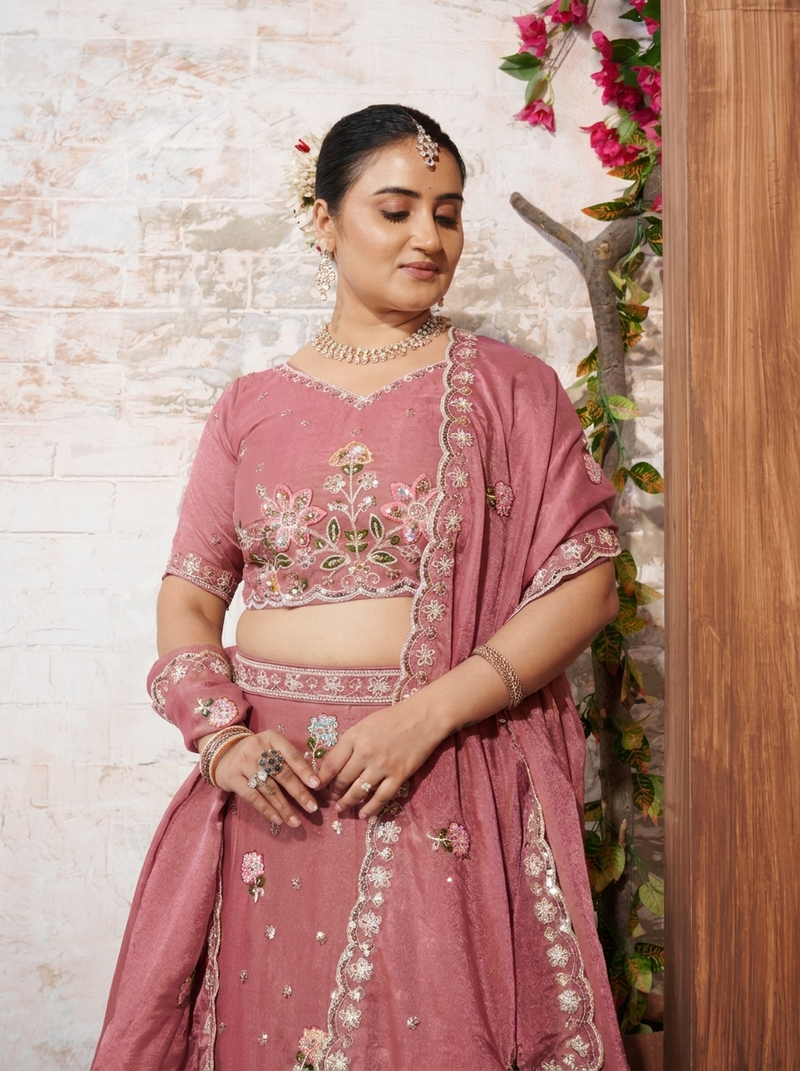 Pink Moss Silk Occasion Wear Embroidered Lehenga