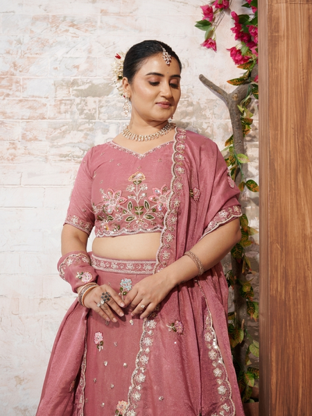 Pink Moss Silk Occasion Wear Embroidered Lehenga