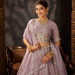 Peach Festive Moss Butti Embroidered Lehenga Choli