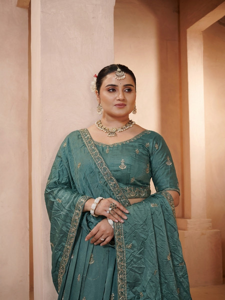 Teal Blue Vichitra Embroidered Occasion Lehenga Choli