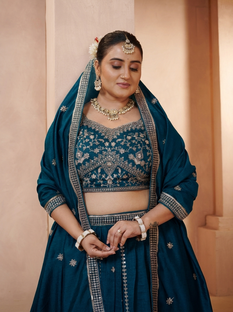 Teal Blue Festive Vichitra Embroidered Lehenga Set