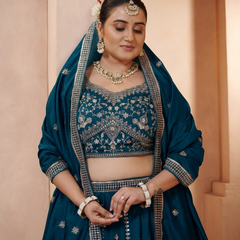 Teal Blue Festive Vichitra Embroidered Lehenga Set