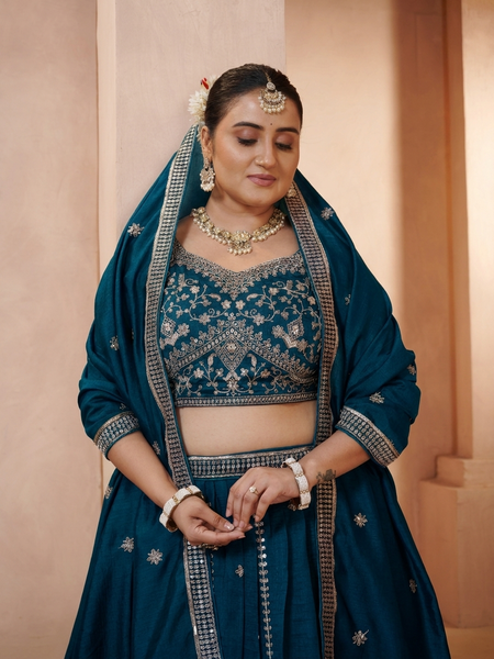 Teal Blue Festive Vichitra Embroidered Lehenga Set