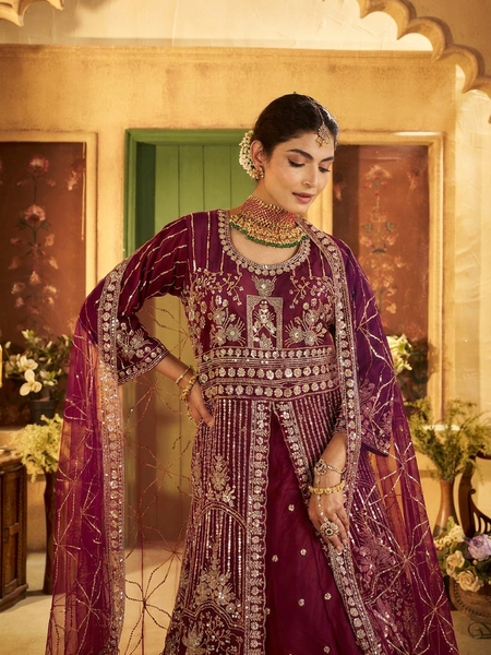 Wine Premium Wedding Sindoor Satin Lehenga Set