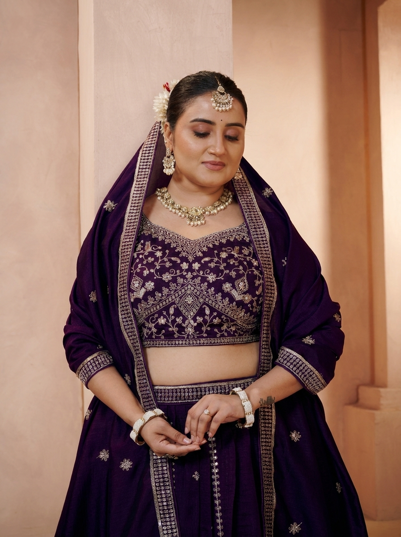 Wine Vichitra Statement Embroidered Lehenga Choli