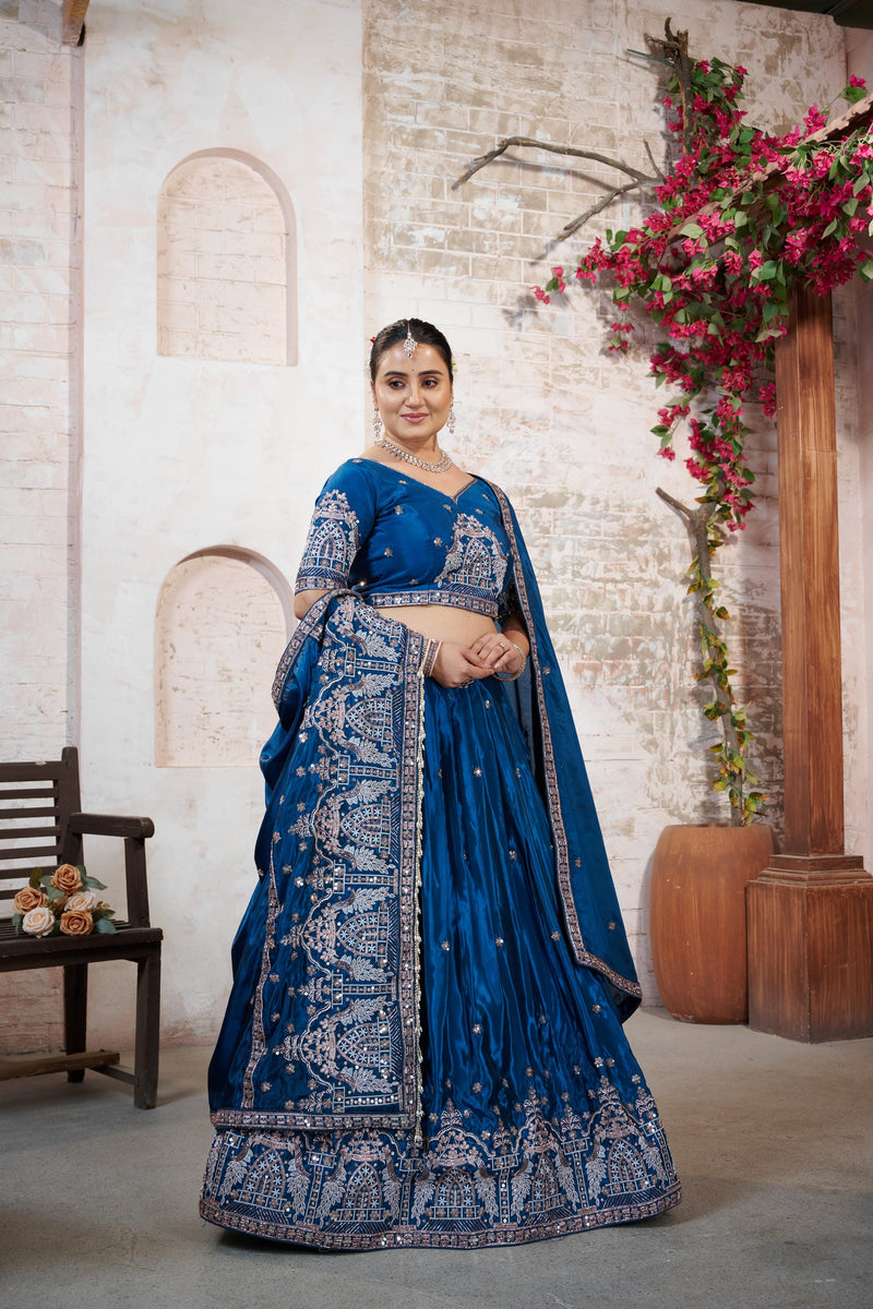 Teal Blue HO Silk Embroidered Elegant Lehenga Choli