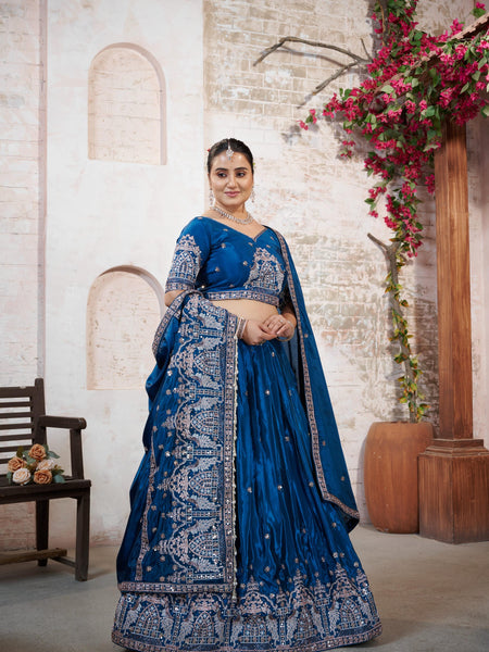 Teal Blue HO Silk Embroidered Elegant Lehenga Choli