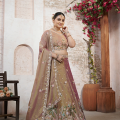 Copper Brown Embroidered Moss Silk Ethnic Lehenga Set