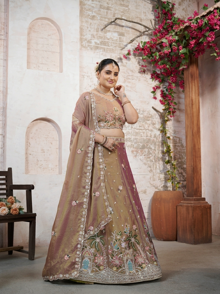 Copper Brown Embroidered Moss Silk Ethnic Lehenga Set