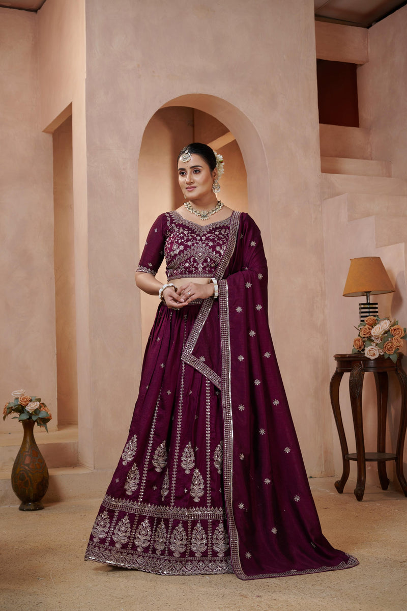 Purple Contemporary Ethnic Vichitra Embroidered Lehenga Choli