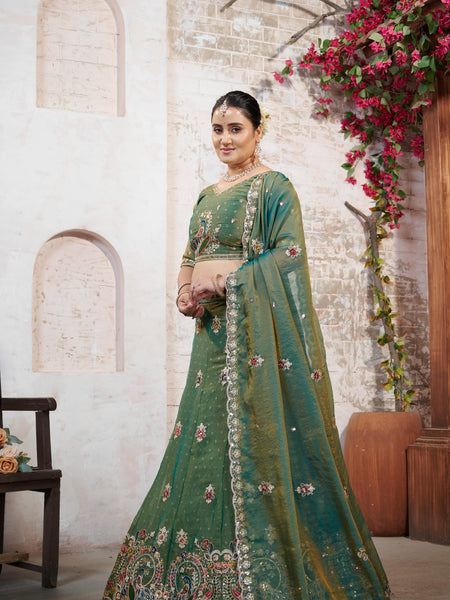 Green Moss Butti Embroidered Occasion Wear Lehenga Choli