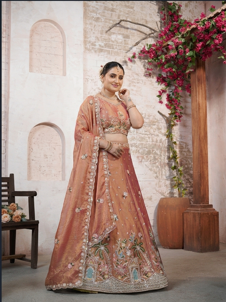 Golden Moss Silk Traditional Embroidered Lehenga