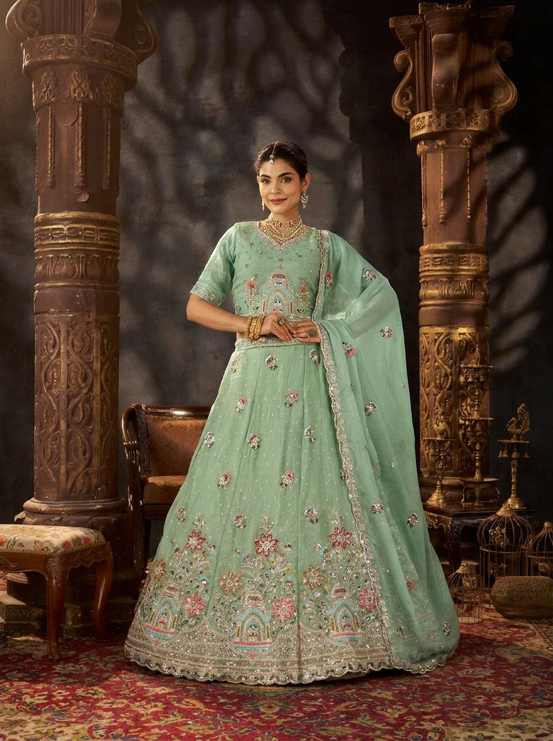 Peach Festive Moss Butti Embroidered Lehenga Choli