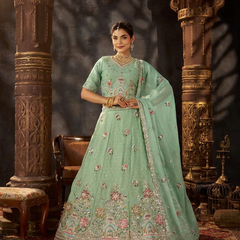 Peach Festive Moss Butti Embroidered Lehenga Choli