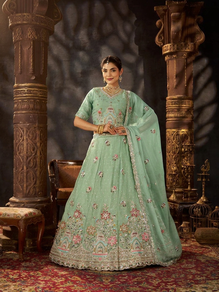 Mint Green Traditional Embroidered Moss Butti Lehenga