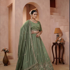 Olive Green Vichitra Ethnic Embroidered Lehenga Set