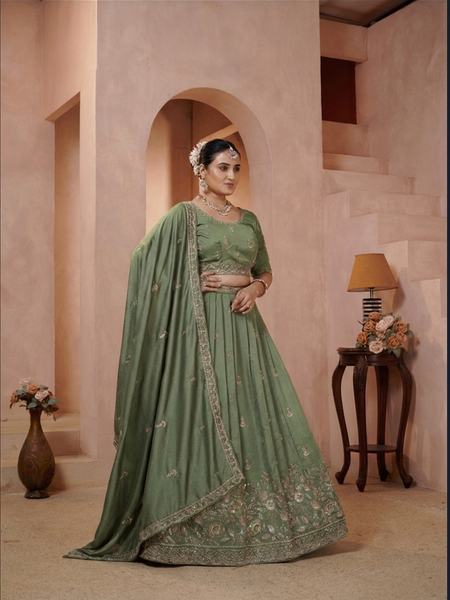 Olive Green Vichitra Ethnic Embroidered Lehenga Set