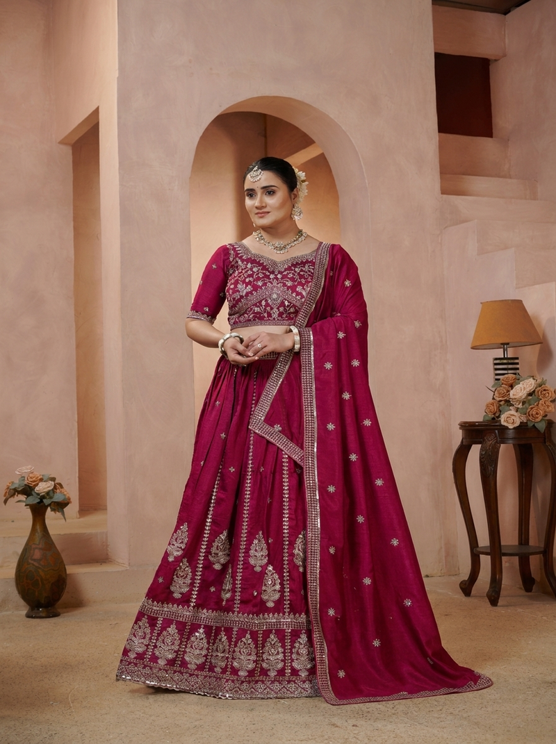 Rani Pink Wedding Wear Vichitra Lehenga
