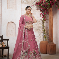 Pink Moss Silk Occasion Wear Embroidered Lehenga