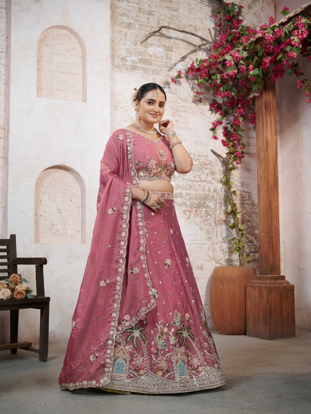 Pink Moss Silk Occasion Wear Embroidered Lehenga