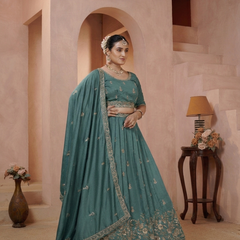 Teal Blue Vichitra Embroidered Occasion Lehenga Choli