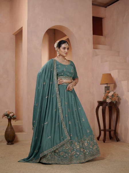 Teal Blue Vichitra Embroidered Occasion Lehenga Choli