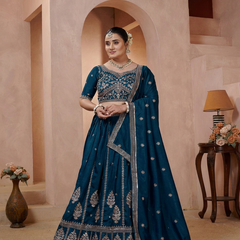 Teal Blue Festive Vichitra Embroidered Lehenga Set