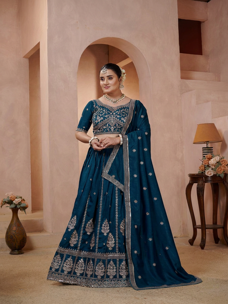 Teal Blue Festive Vichitra Embroidered Lehenga Set