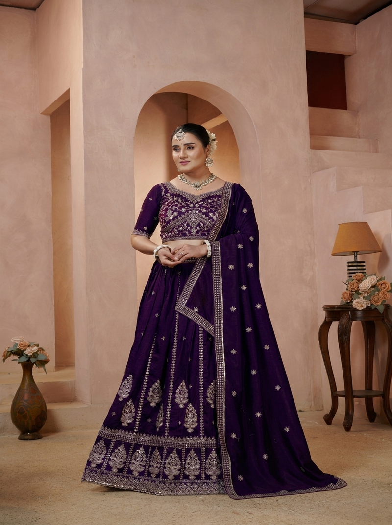 Wine Vichitra Statement Embroidered Lehenga Choli