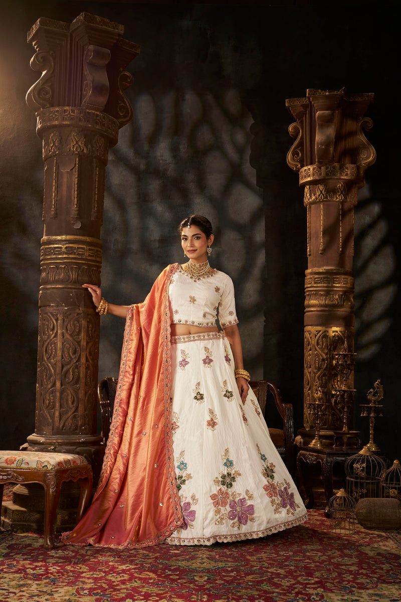 White Wedding Wear Sindoor Satin Embroidered Lehenga Choli