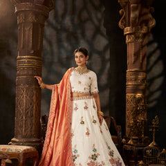 White Wedding Wear Sindoor Satin Embroidered Lehenga Choli