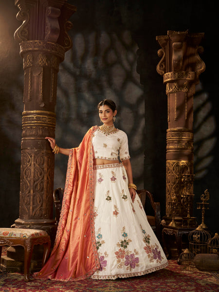 White Wedding Wear Sindoor Satin Embroidered Lehenga Choli