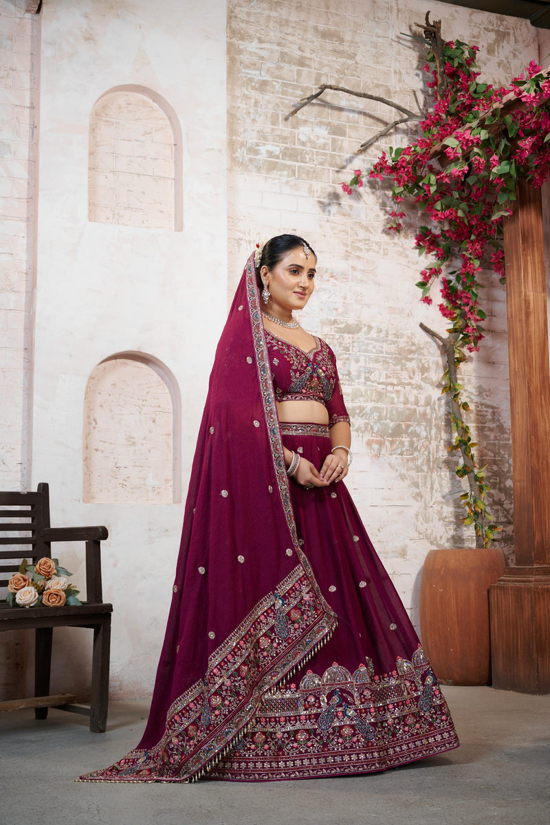 Wine Silk Crush Embroidered Wedding Lehenga