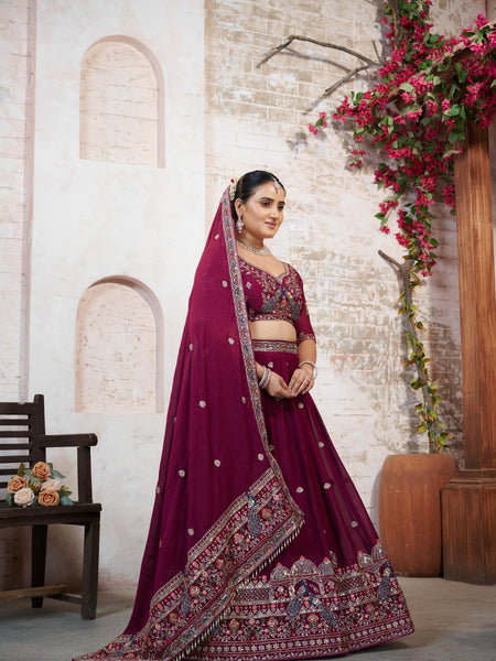 Wine Silk Crush Embroidered Wedding Lehenga