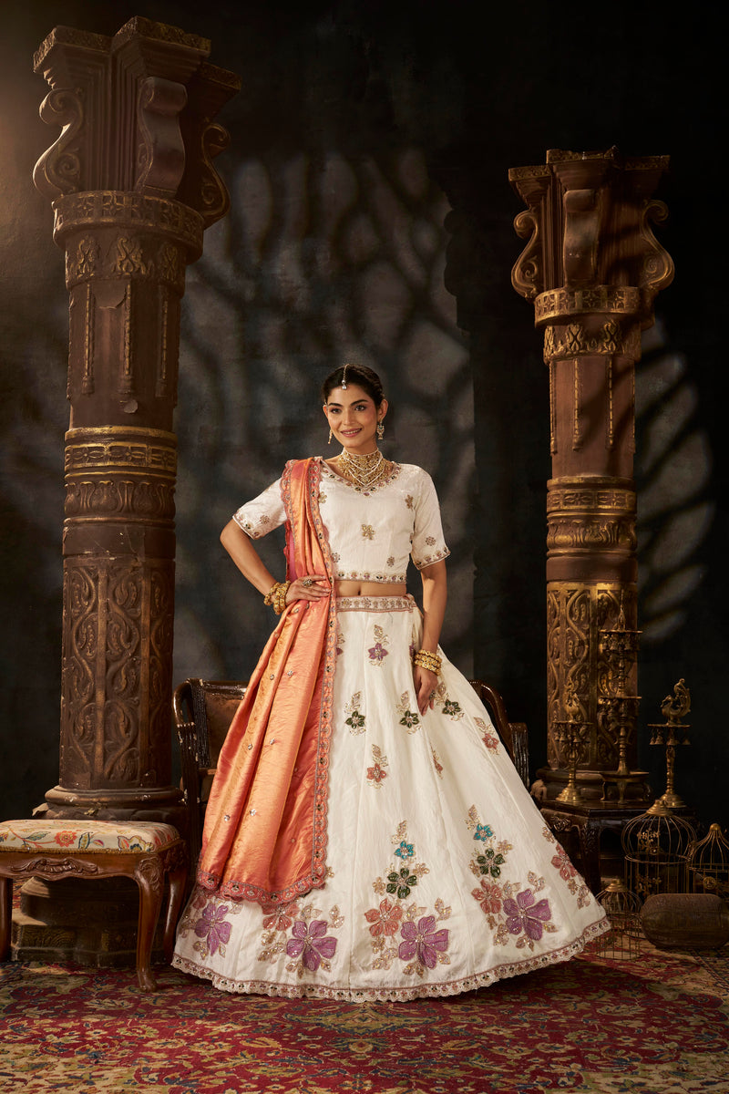 White Wedding Wear Sindoor Satin Embroidered Lehenga Choli